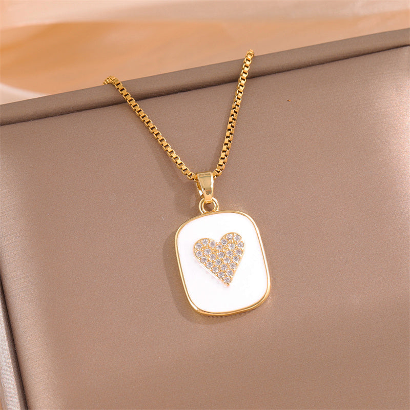 Sweet Animal Oval Heart Shape Stainless Steel Enamel Plating Inlay Zircon 18k Gold Plated Pendant Necklace