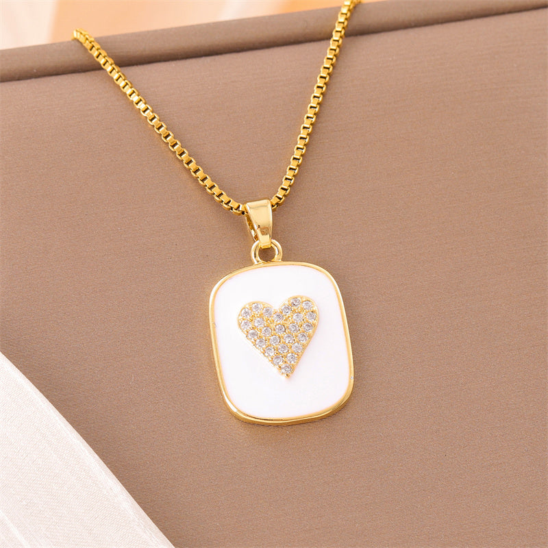 Sweet Animal Oval Heart Shape Stainless Steel Enamel Plating Inlay Zircon 18k Gold Plated Pendant Necklace