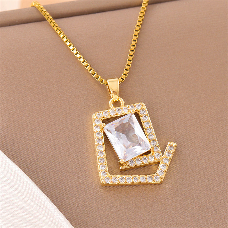 Sweet Animal Oval Heart Shape Stainless Steel Enamel Plating Inlay Zircon 18k Gold Plated Pendant Necklace