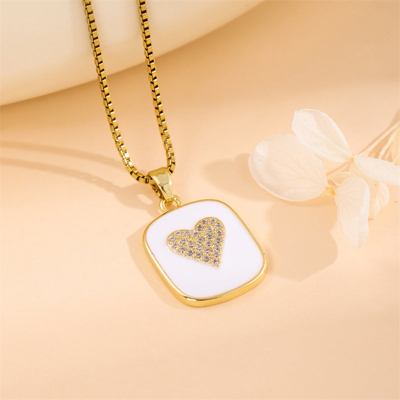 Sweet Animal Oval Heart Shape Stainless Steel Enamel Plating Inlay Zircon 18k Gold Plated Pendant Necklace