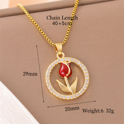 Sweet Animal Oval Heart Shape Stainless Steel Enamel Plating Inlay Zircon 18k Gold Plated Pendant Necklace