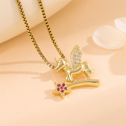 Sweet Animal Oval Heart Shape Stainless Steel Enamel Plating Inlay Zircon 18k Gold Plated Pendant Necklace