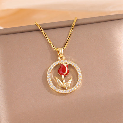 Sweet Animal Oval Heart Shape Stainless Steel Enamel Plating Inlay Zircon 18k Gold Plated Pendant Necklace