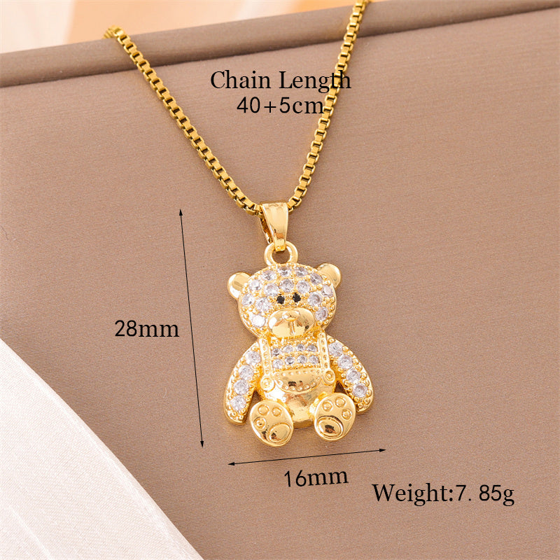 Sweet Animal Oval Heart Shape Stainless Steel Enamel Plating Inlay Zircon 18k Gold Plated Pendant Necklace