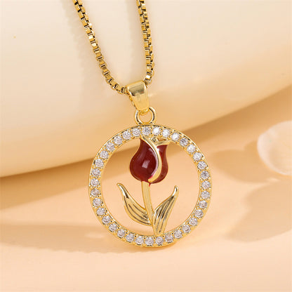 Sweet Animal Oval Heart Shape Stainless Steel Enamel Plating Inlay Zircon 18k Gold Plated Pendant Necklace