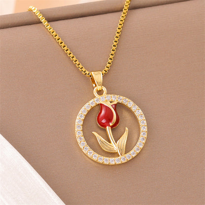 Sweet Animal Oval Heart Shape Stainless Steel Enamel Plating Inlay Zircon 18k Gold Plated Pendant Necklace