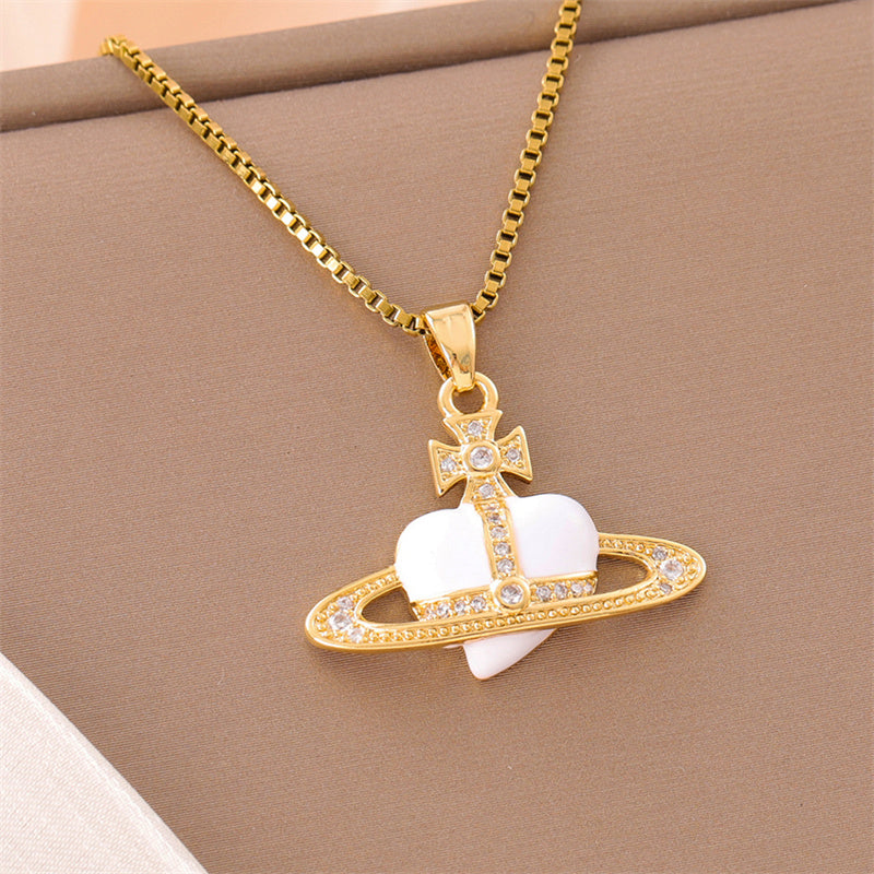 Sweet Animal Oval Heart Shape Stainless Steel Enamel Plating Inlay Zircon 18k Gold Plated Pendant Necklace