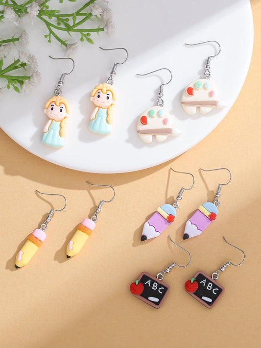 5 Pairs Cartoon Style Pencil Plating Resin Silver Plated Drop Earrings