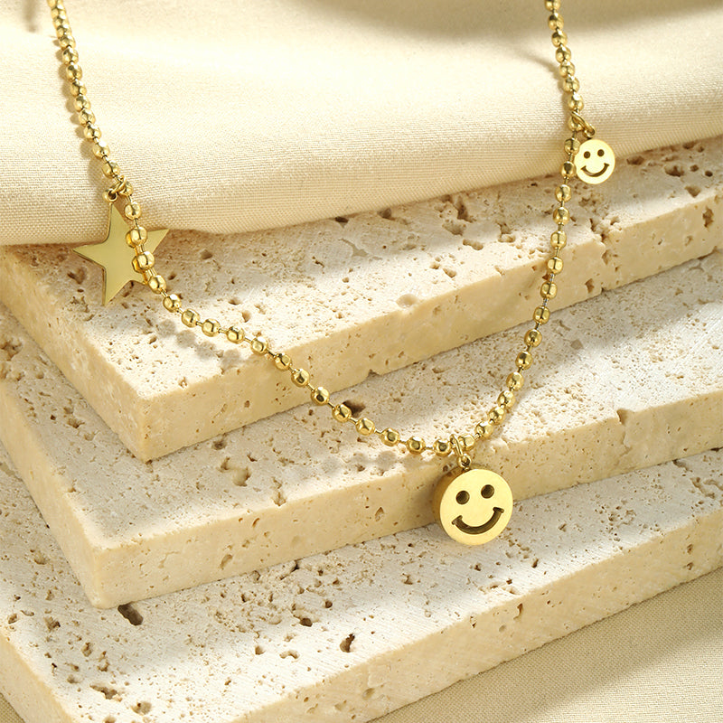 Wholesale Simple Style Shiny Smiley Face Stainless Steel Polishing Plating 18k Gold Plated Pendant Necklace