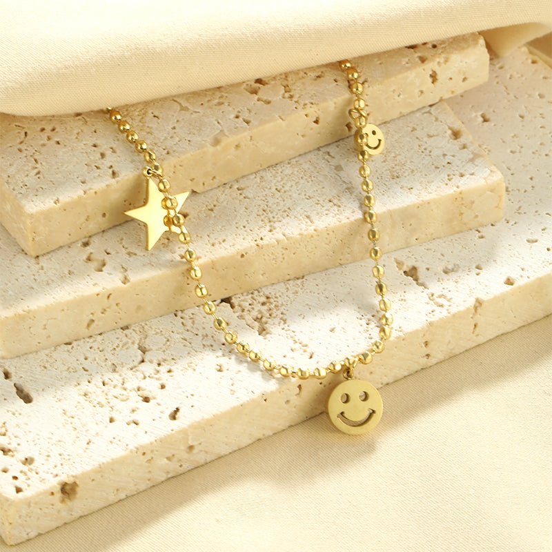 Wholesale Simple Style Shiny Smiley Face Stainless Steel Polishing Plating 18k Gold Plated Pendant Necklace