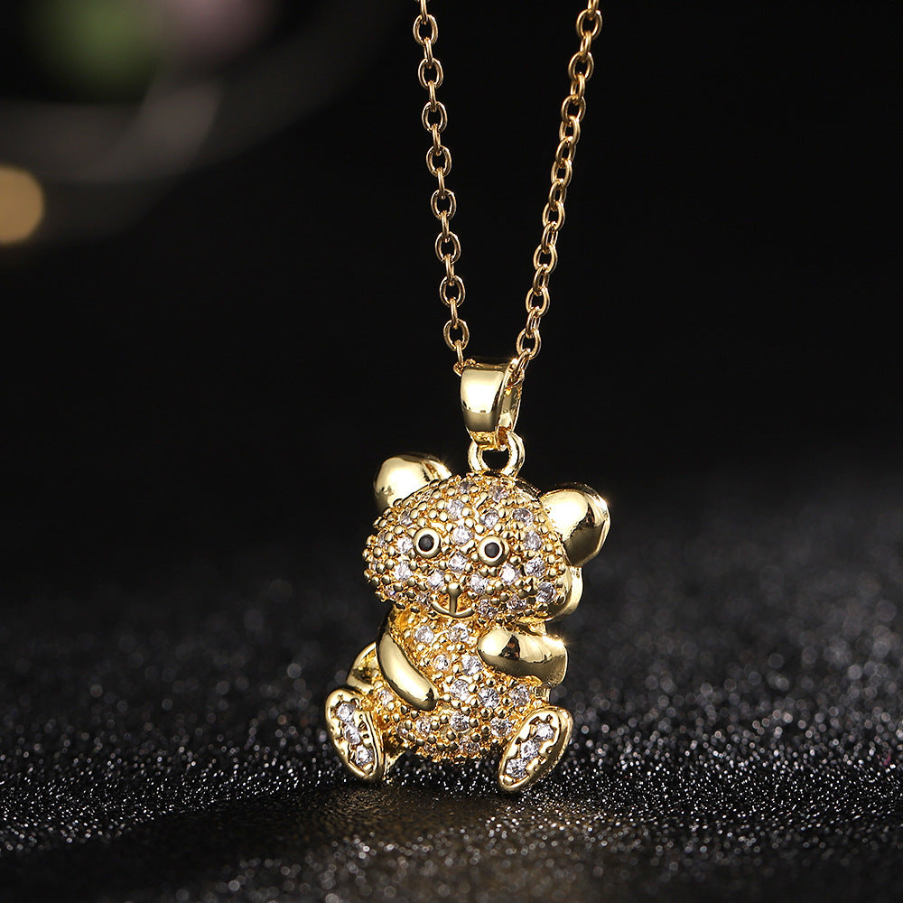 Cartoon Style Bear Copper Inlay Zircon Pendant Necklace