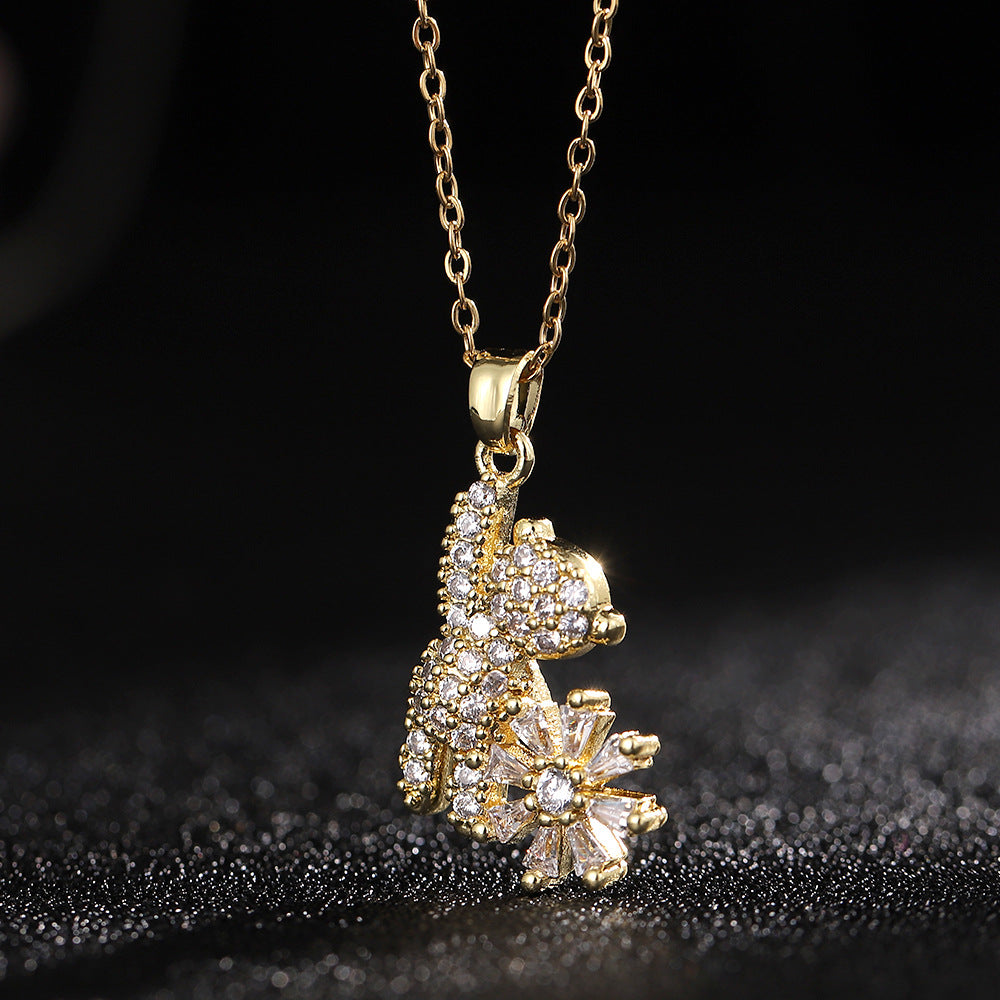 Cartoon Style Bear Copper Inlay Zircon Pendant Necklace