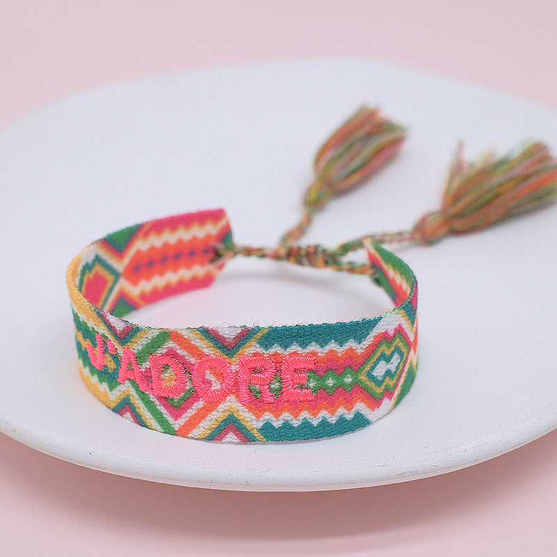 Ethnic Style Letter Stripe Rhombus Polyester Embroidery Braid Unisex Bracelets