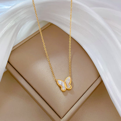 Casual Heart Shape Butterfly Titanium Steel Plating Inlay Shell Zircon Necklace