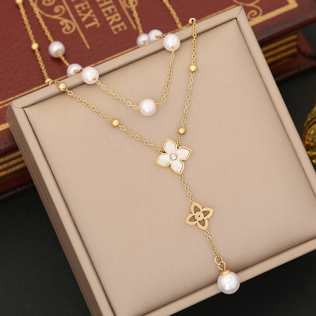 Commute Flower Stainless Steel Imitation Pearl Tassel Plating Pendant Necklace