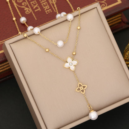 Commute Flower Stainless Steel Imitation Pearl Tassel Plating Pendant Necklace