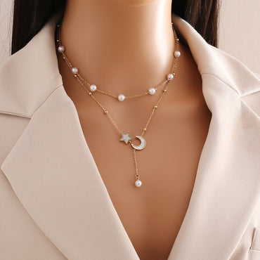 Commute Flower Stainless Steel Imitation Pearl Tassel Plating Pendant Necklace