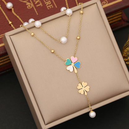 Commute Flower Stainless Steel Imitation Pearl Tassel Plating Pendant Necklace