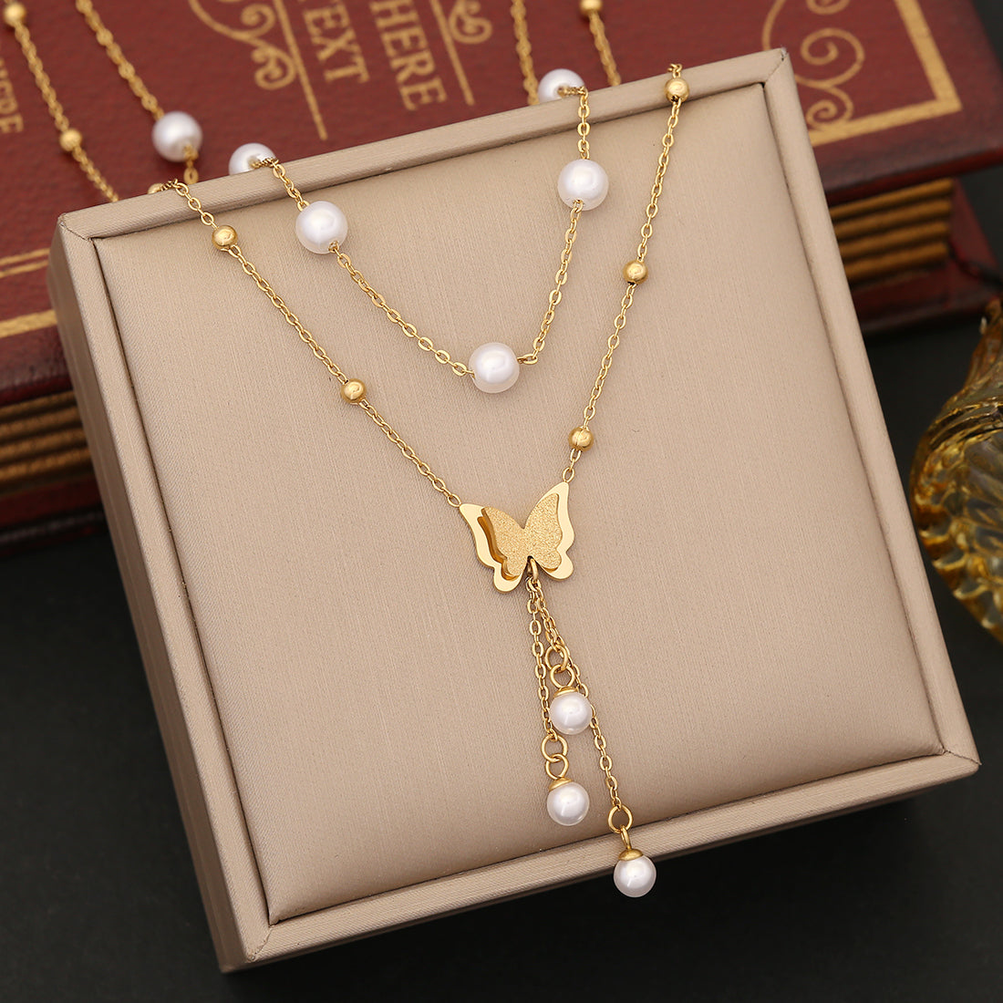 Commute Flower Stainless Steel Imitation Pearl Tassel Plating Pendant Necklace