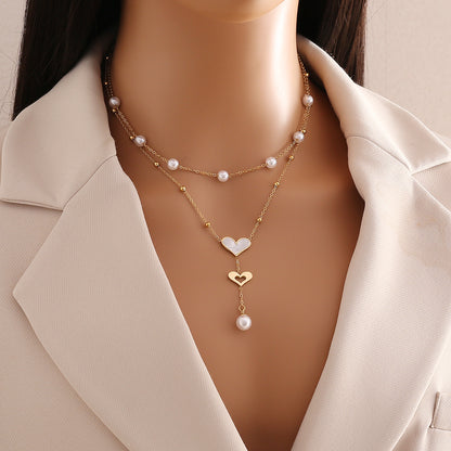 Commute Flower Stainless Steel Imitation Pearl Tassel Plating Pendant Necklace