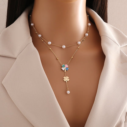 Commute Flower Stainless Steel Imitation Pearl Tassel Plating Pendant Necklace