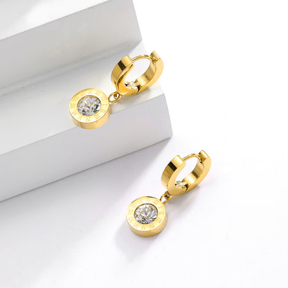 1 Pair Casual Elegant Modern Style Roman Numeral Plating Inlay Stainless Steel Zircon 18k Gold Plated Drop Earrings