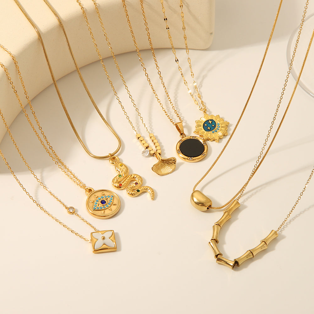 Modern Style Simple Style Eye Bamboo Snake Stainless Steel Enamel Plating Inlay Zircon 18k Gold Plated Pendant Necklace