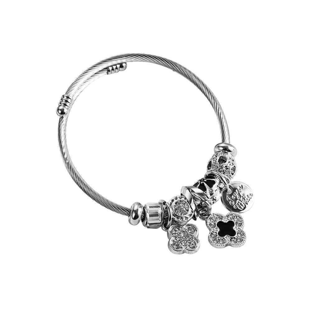 Wholesale Elegant Cute Heart Shape Flower Key Stainless Steel Alloy Beaded Plating Inlay Silver Plated Rhinestones Bangle