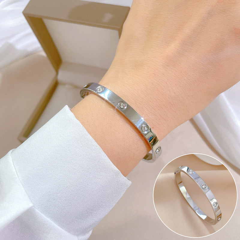 Simple Style Round Devil's Eye Titanium Steel Plating Inlay Zircon Bangle