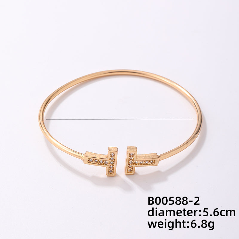 Elegant Simple Style T Shape Stainless Steel Plating Inlay Zircon Bangle