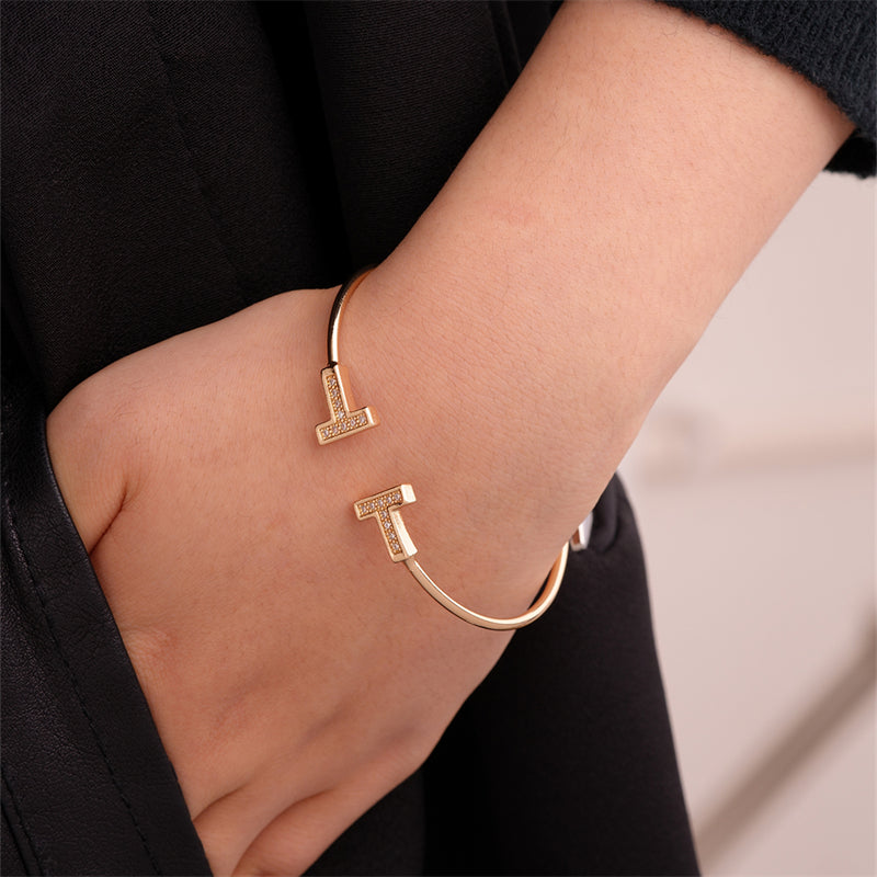 Elegant Simple Style T Shape Stainless Steel Plating Inlay Zircon Bangle