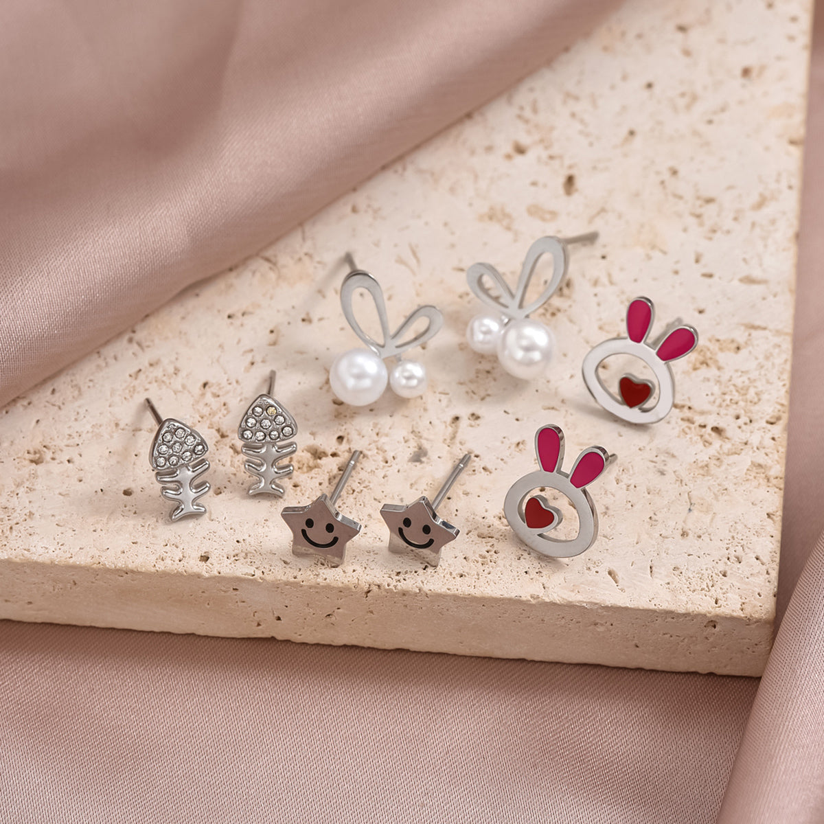 1 Pair Cute Sweet Rabbit Star Fish Bone Epoxy Inlay Stainless Steel Artificial Pearls Zircon Ear Studs