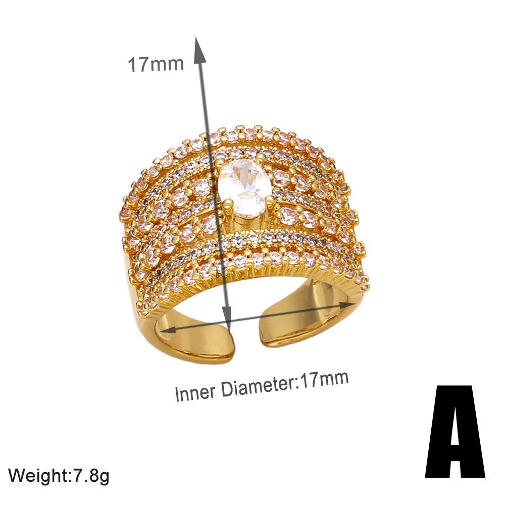 Wholesale Elegant Modern Style Geometric Copper Plating Inlay 18K Gold Plated Zircon Rings