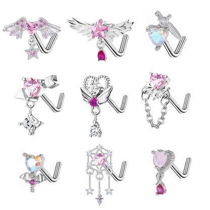 1 Piece Nose Rings & Studs Simple Style Classic Style Heart Shape Wings Bow Knot 304 Stainless Steel Copper Plating Inlay Rhinestones Zircon White Gold Plated Nose Rings & Studs