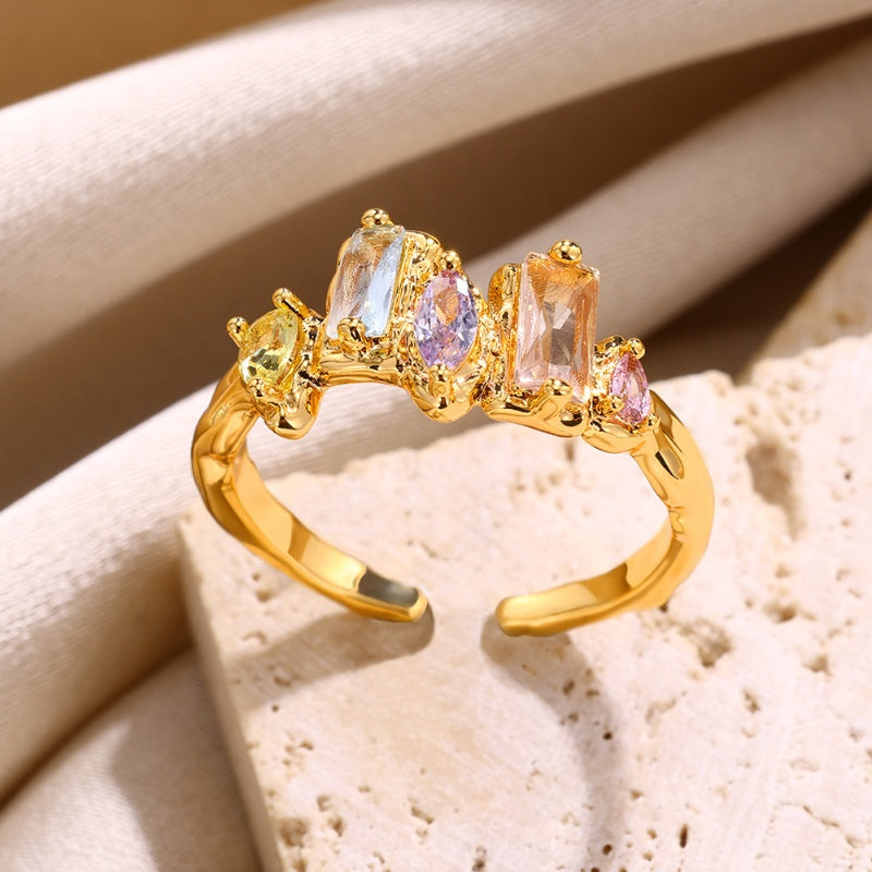 Wholesale Fairy Style Modern Style Colorful Color Block Copper Plating Inlay 18K Gold Plated Zircon Open Rings