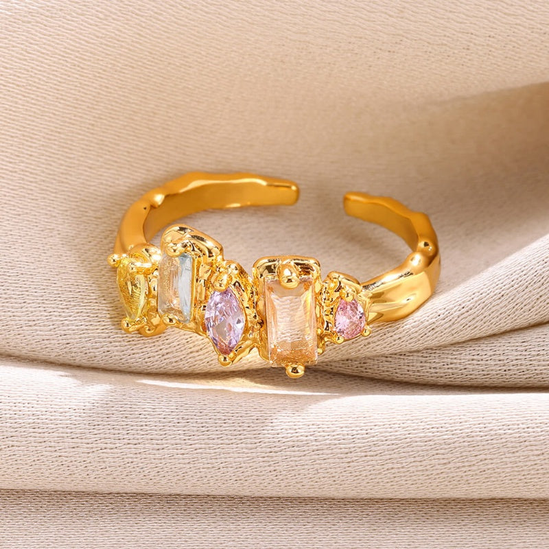 Wholesale Fairy Style Modern Style Colorful Color Block Copper Plating Inlay 18K Gold Plated Zircon Open Rings