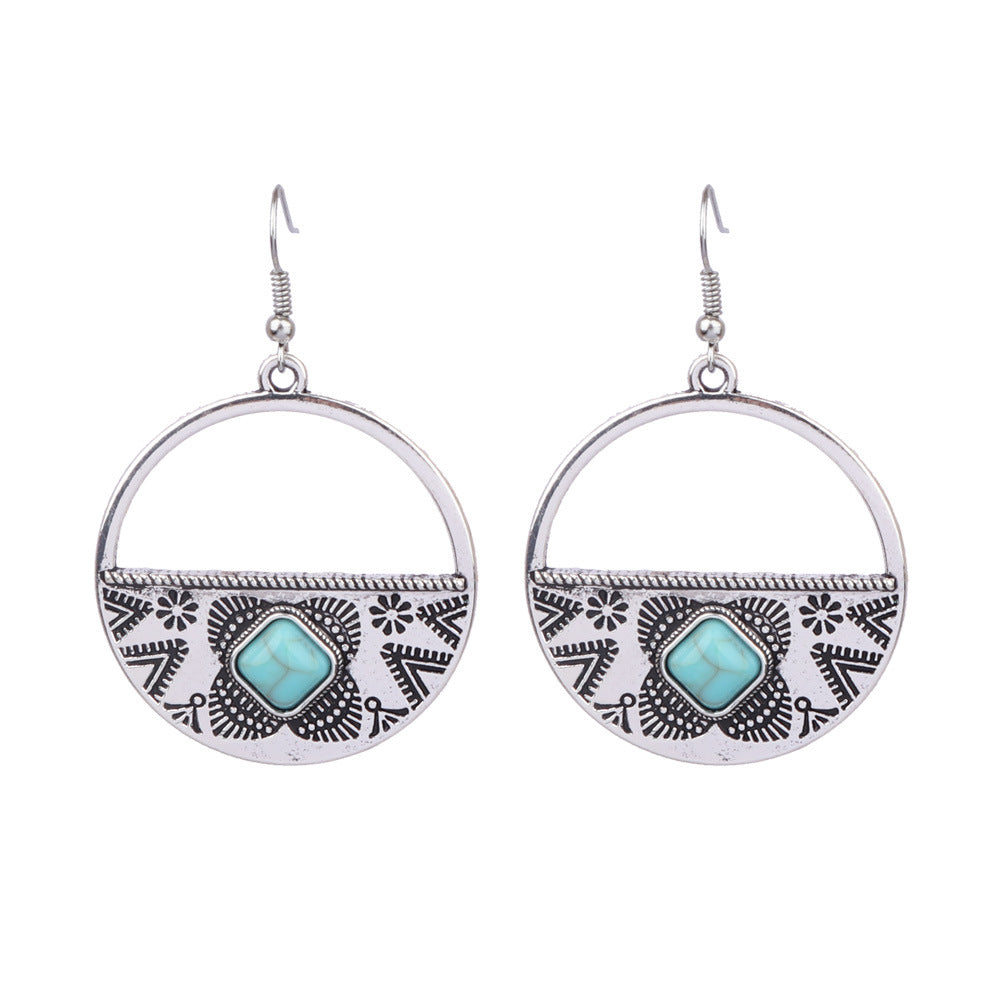 1 Pair Ethnic Style Round Inlay Alloy Turquoise Drop Earrings