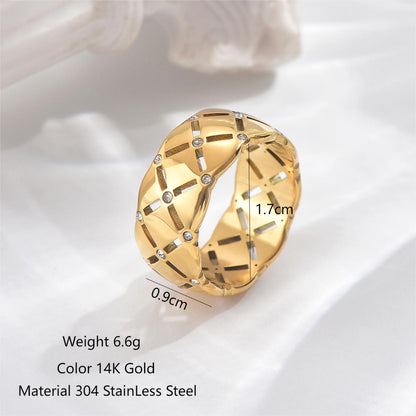 304 Stainless Steel 14K Gold Plated Simple Style Classic Style Polishing Plating Hollow Out Square Rhinestones Rings