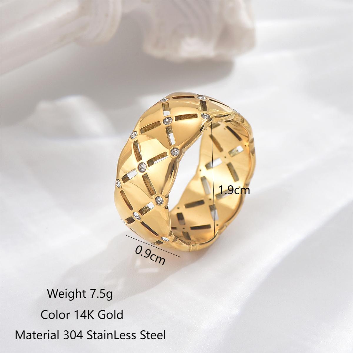 304 Stainless Steel 14K Gold Plated Simple Style Classic Style Polishing Plating Hollow Out Square Rhinestones Rings