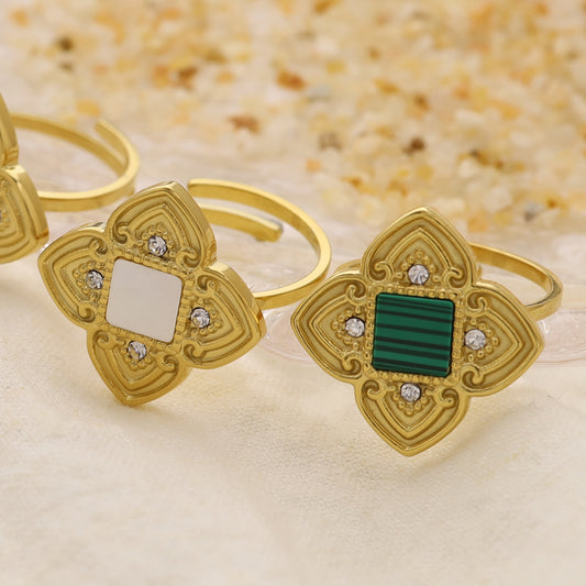 304 Stainless Steel 18K Gold Plated Retro Plating Inlay Geometric Color Block Acrylic Shell Rings