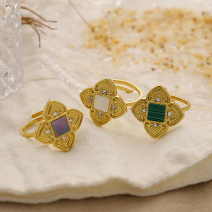 304 Stainless Steel 18K Gold Plated Retro Plating Inlay Geometric Color Block Acrylic Shell Rings