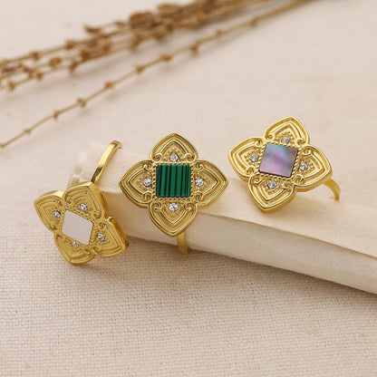 304 Stainless Steel 18K Gold Plated Retro Plating Inlay Geometric Color Block Acrylic Shell Rings