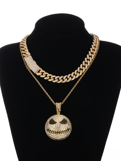 Hip-hop Punk Cool Style Round Grimace Zinc Alloy Plating Inlay Rhinestones 18k Gold Plated Men's Pendant Necklace