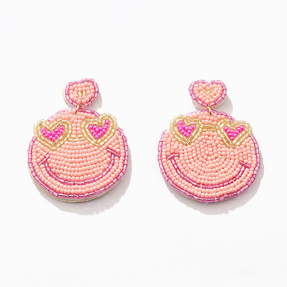 1 Pair Sweet Simple Style Artistic Heart Shape Smiley Face Beaded Cloth Drop Earrings