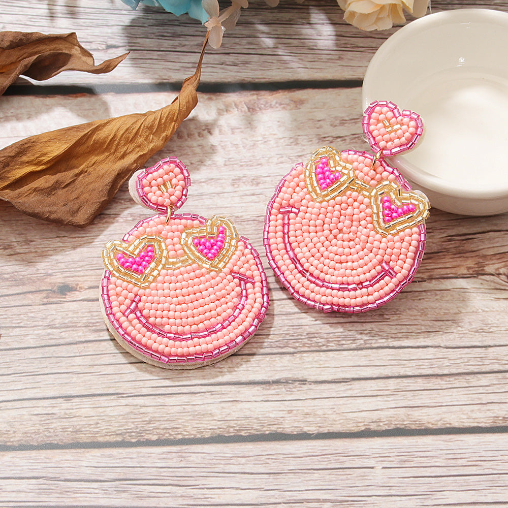 1 Pair Sweet Simple Style Artistic Heart Shape Smiley Face Beaded Cloth Drop Earrings