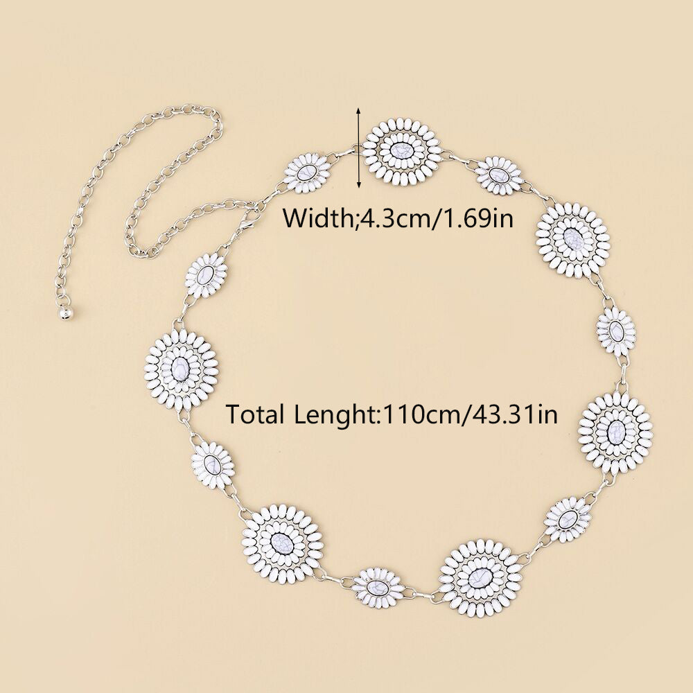 Vacation Ethnic Style Bohemian Star Oval Flower Zinc Alloy Inlay Turquoise Silver Plated Women's Waist Chain