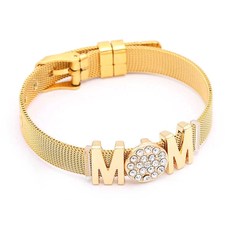 304 Stainless Steel Casual Modern Style Inlay Letter Rhinestones Wristband Bangle