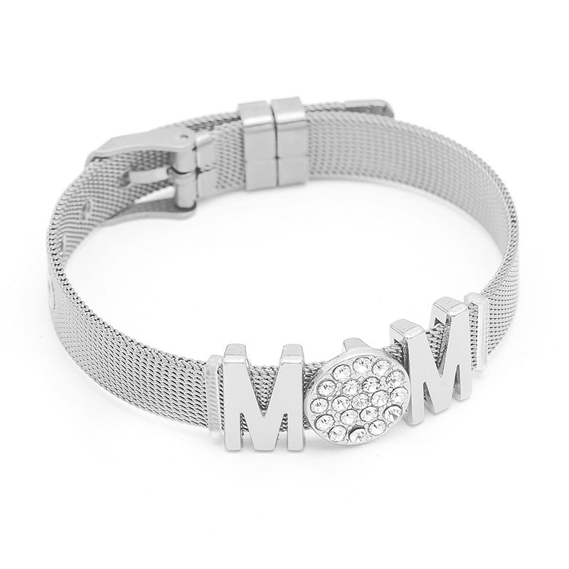 304 Stainless Steel Casual Modern Style Inlay Letter Rhinestones Wristband Bangle