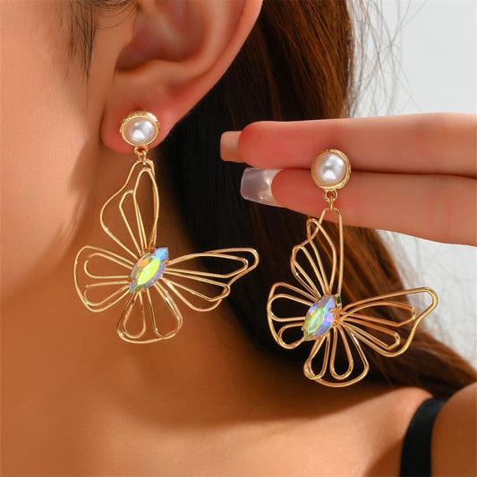 1 Pair Lady Modern Style Butterfly Inlay Copper Artificial Gemstones Drop Earrings