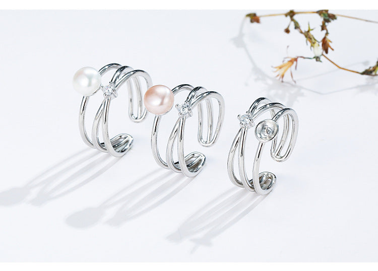 Sterling Silver White Gold Plated Elegant Glam Luxurious Polishing Plating Inlay Lines Pearl Zircon Open Rings